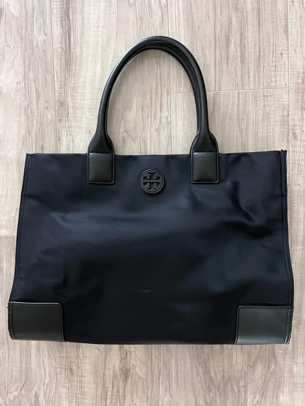 Tory Burch Black Nylon Ella Tote Bag Double T Logo Leather Trim Large Shopper